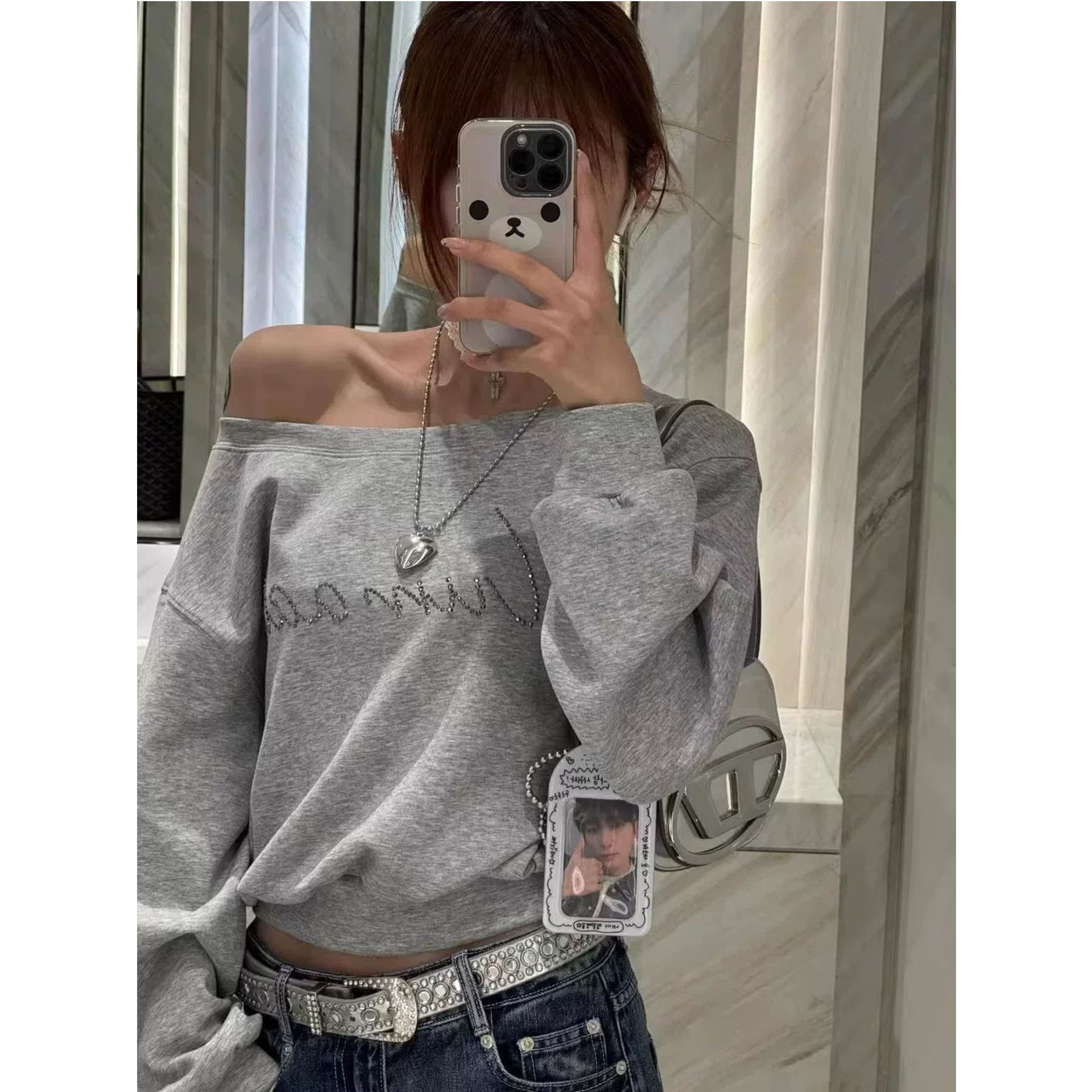 美式高街烫钻辣妹斜肩卫衣女