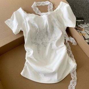 美式 辣妹收腰设计感斜露肩上衣 复古白色一字肩蕾丝短袖 t恤女夏季