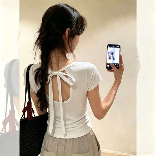 夏季露背镂空蝴蝶结短袖T恤女