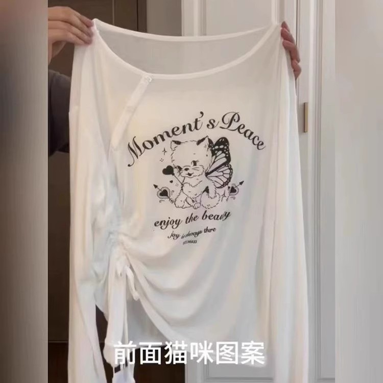 美式猫咪印花露肩长袖t恤女春夏