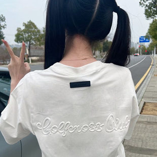 高街白色宽松半袖 国潮牌钢印字母短袖 美式 T恤女夏季 上衣 2025新款