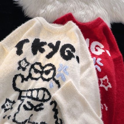 美式卡通提花圆领毛衣男女秋冬季慵懒宽松休闲潮牌新款针织衫外套