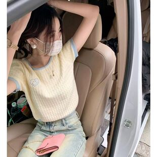 撞色短款爱心短袖针织T恤上衣女夏设计感小众韩系百搭薄款针织衫