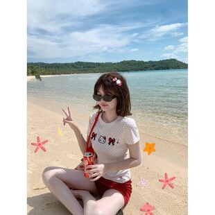 短款 甜辣T恤修身 上衣辣妹圆领 夏季 日系波点kitty蝴蝶结印花短袖