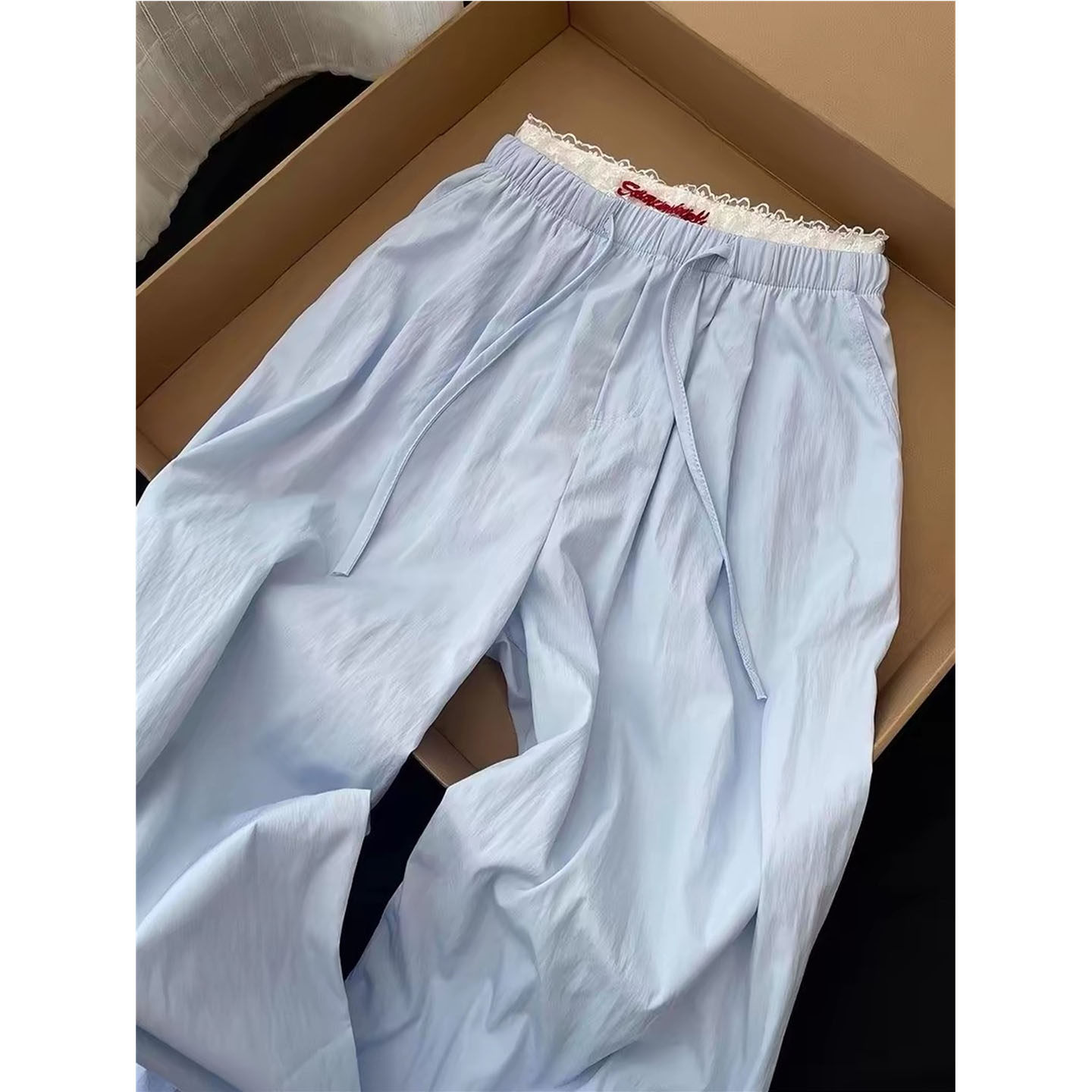 韩版蓝色高腰显瘦休闲裤女夏季小个子宽松阔腿百搭直筒遛弯裤春秋
