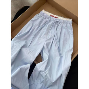 韩版蓝色高腰显瘦休闲裤女夏季小个子宽松阔腿百搭直筒遛弯裤春秋