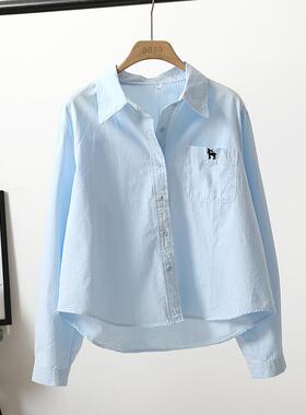 浅蓝色刺绣口长袖衬衫女春季新款慵懒宽松百搭显瘦显白小个子上衣