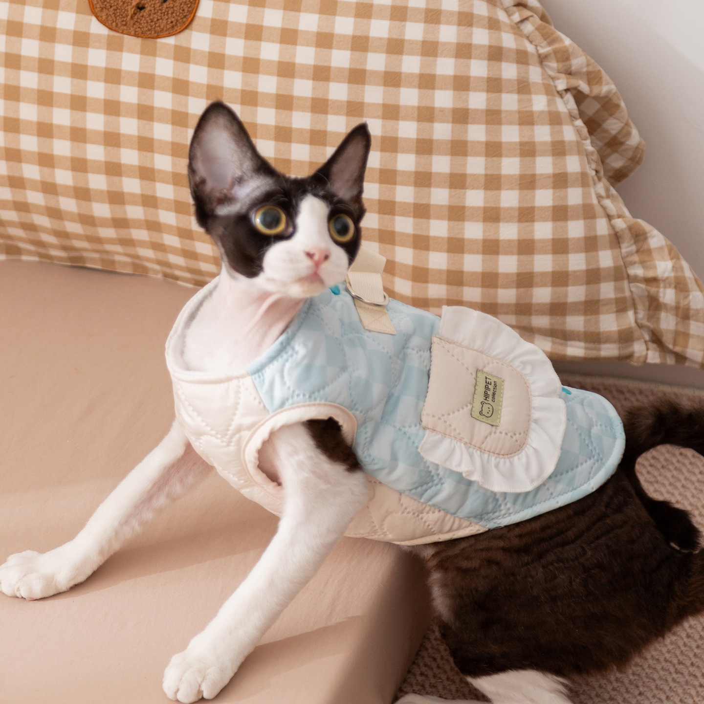 韩系撞色拼接格子口袋牵引马甲