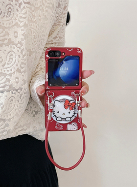 红色KT猫磁吸支架适用三星GalaxyZFlip6折叠屏保护套zflip5手机壳新款w24flip3全包防摔小羊皮OPPOFindN3Flip