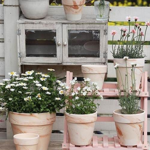 焦糖 玛奇朵 红陶花盆大理石渐变花纹复古做旧百搭透气排水花盆