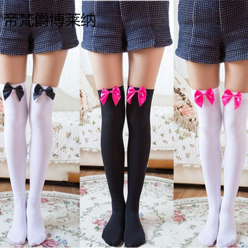 天鹅绒长筒袜 蝴蝶结诱惑女士情趣丝袜 日系可爱过膝袜 批发