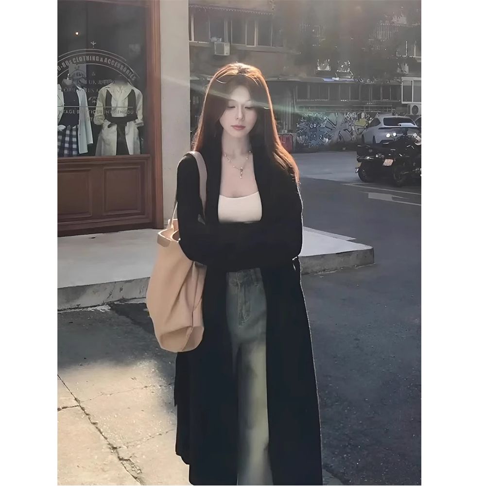 韩系慵懒风黑色中长款毛衣外套女2025秋冬季休闲宽松针织开衫大衣