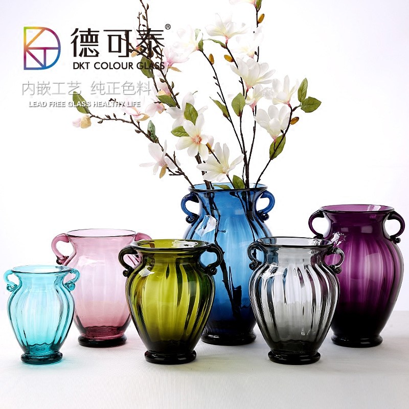 欧式高档双耳彩色水培玻璃花瓶北欧 干花客厅插花容器装饰品摆件