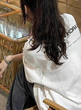 2025年夏季新款美式白色短袖t恤女ins国潮牌学生宽松纯棉情侣上衣