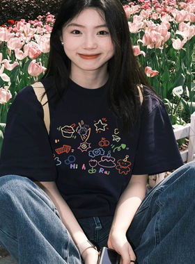 黑色美式字母短袖t恤女夏季新款纯棉设计感小众正肩宽松长袖上衣