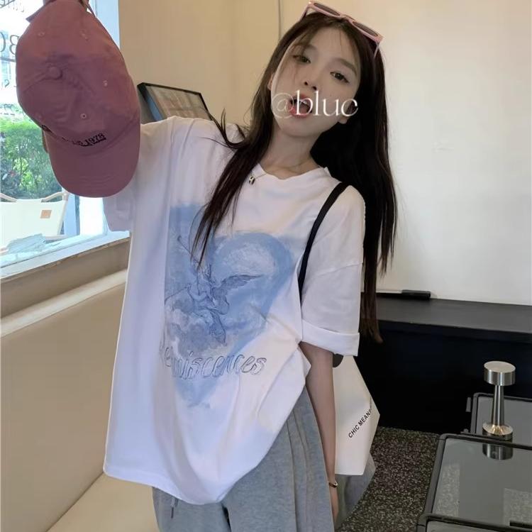 美式复古爱心印花短袖t恤女