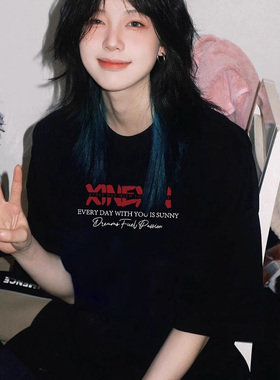 美式重磅纯棉短袖t恤女2025新款夏宽松正肩黑色上衣设计感小众女