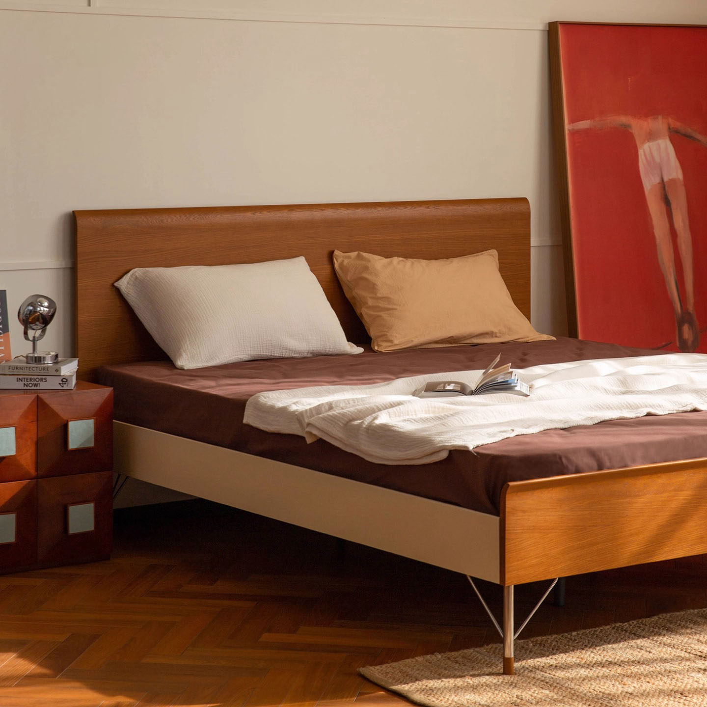 北欧复古拼色实木床薄床头小户型主卧双人床莱米纳床中古风1.8米