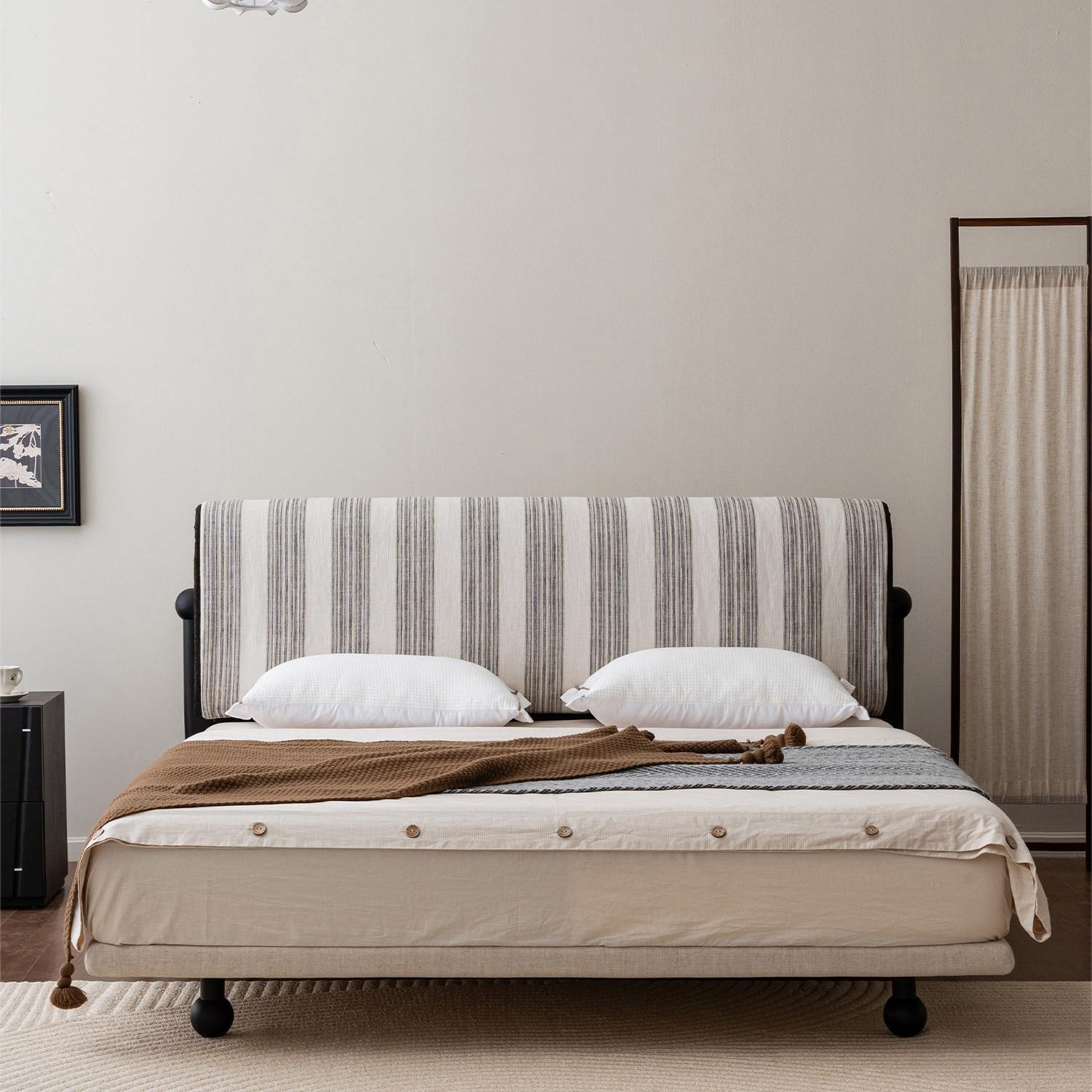 中古风榫卯亚麻软靠双人实木床