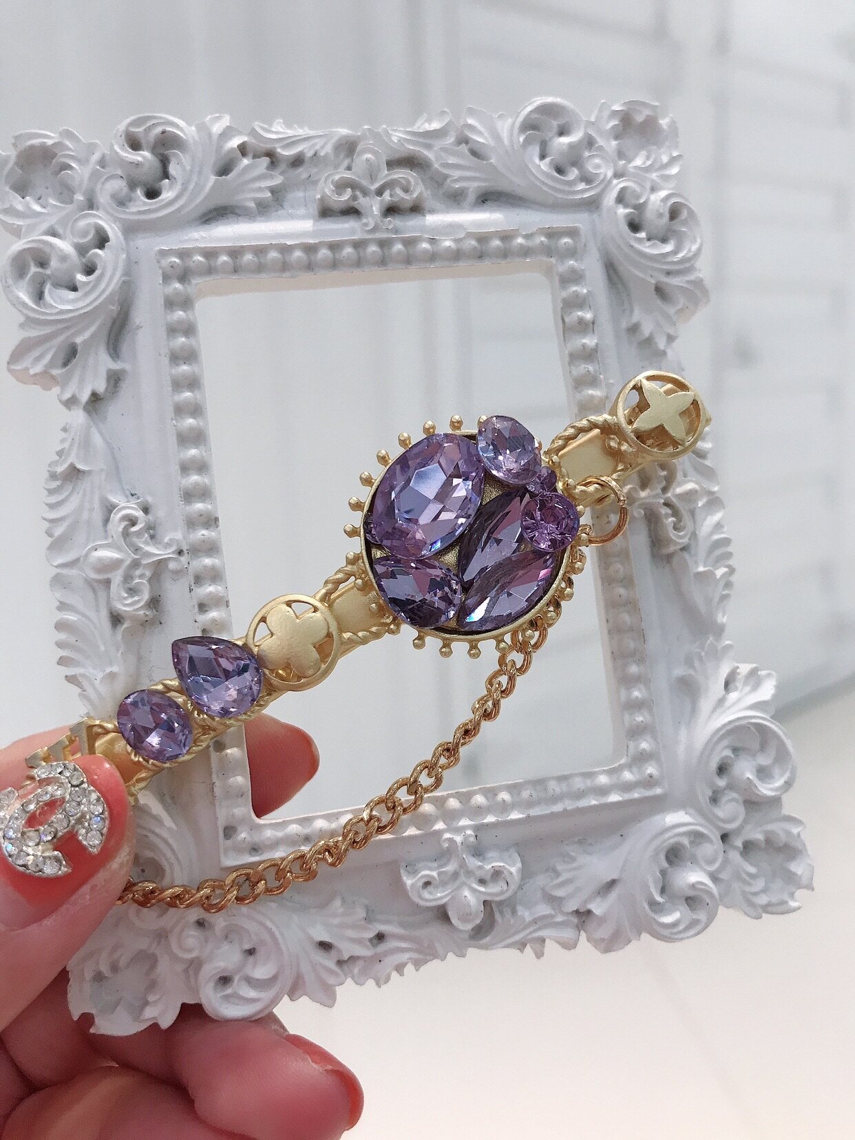 超闪紫色系流苏发夹一字夹简约气质满钻边夹百搭女生重工发卡1112