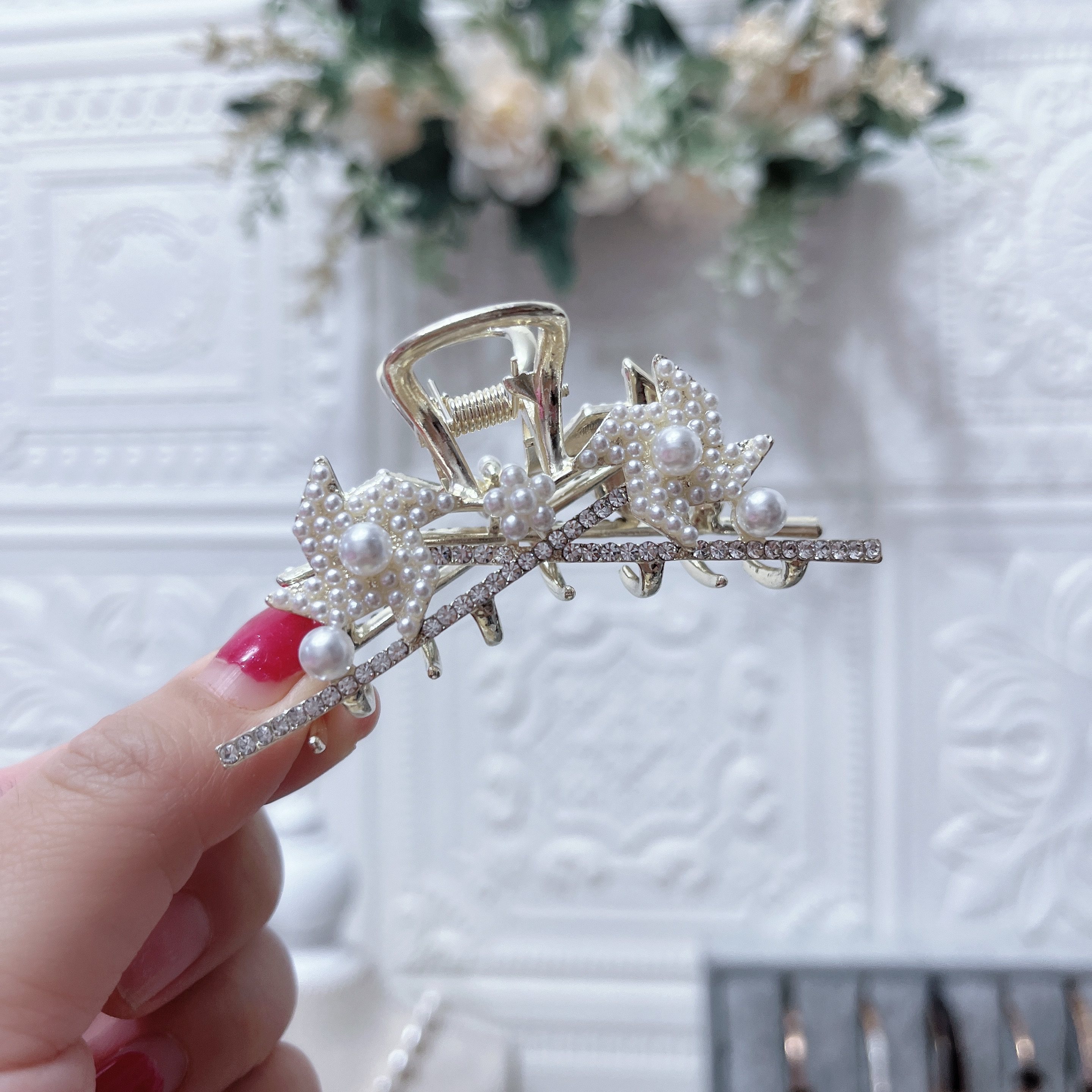 网红珍珠风车发夹女头发夹子盘发大号抓夹后脑勺鲨鱼发卡头饰2087