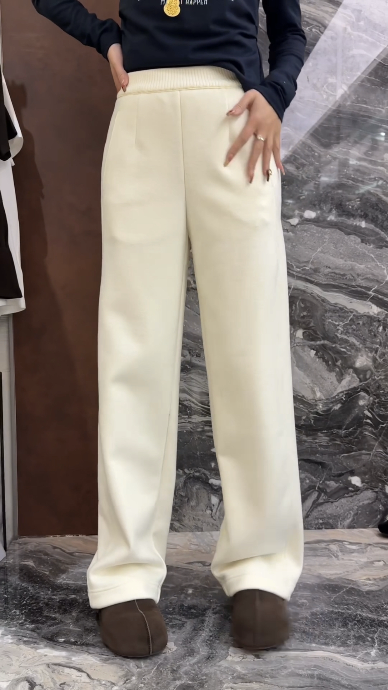 欧洲站2025冬季新款松紧高腰纯色显瘦百搭绵羊毛呢窄版直筒休闲裤,女装/女士精品,卫裤,淘宝优惠券,粉丝福利购,淘宝优惠卷