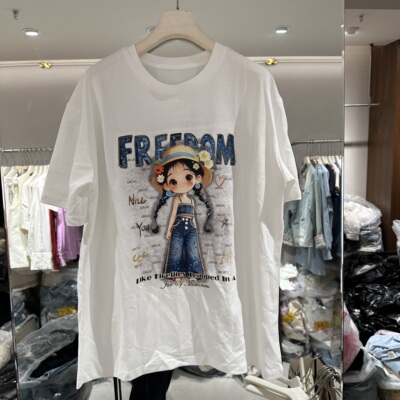 欧洲站2026春季新款韩版亮片卡通图案显瘦松弛感减龄大版T恤11005