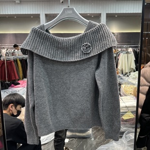 欧洲站2025冬季新款一字肩镂空荷叶边拼接时尚百搭套头羊毛针织衫