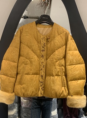 欧洲站2025冬季新款圆领刺绣钉珠提花宽松保暖鹅绒服外套女66183