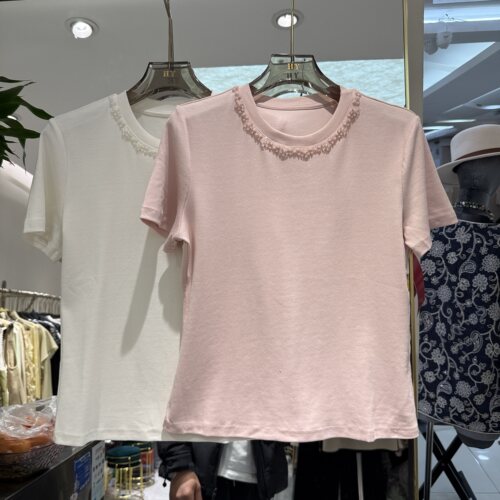 欧洲站2026春季新款圆领钉钻百搭甜美淑女风套头款粉色短袖潮8358