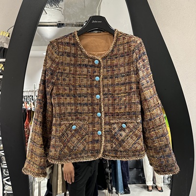 欧洲站2025秋季新款复古风时尚圆领单排扣格子长袖外套女MX85153