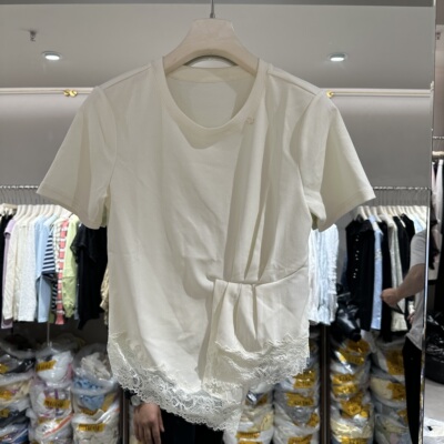 欧洲站2026春季新款圆领拼接蕾下摆短袖T恤女宽松显瘦上衣潮18103