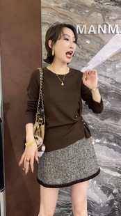 女士套头长袖 圆领侧边褶皱收腰显瘦百搭款 上衣 新款 欧洲站2025冬季