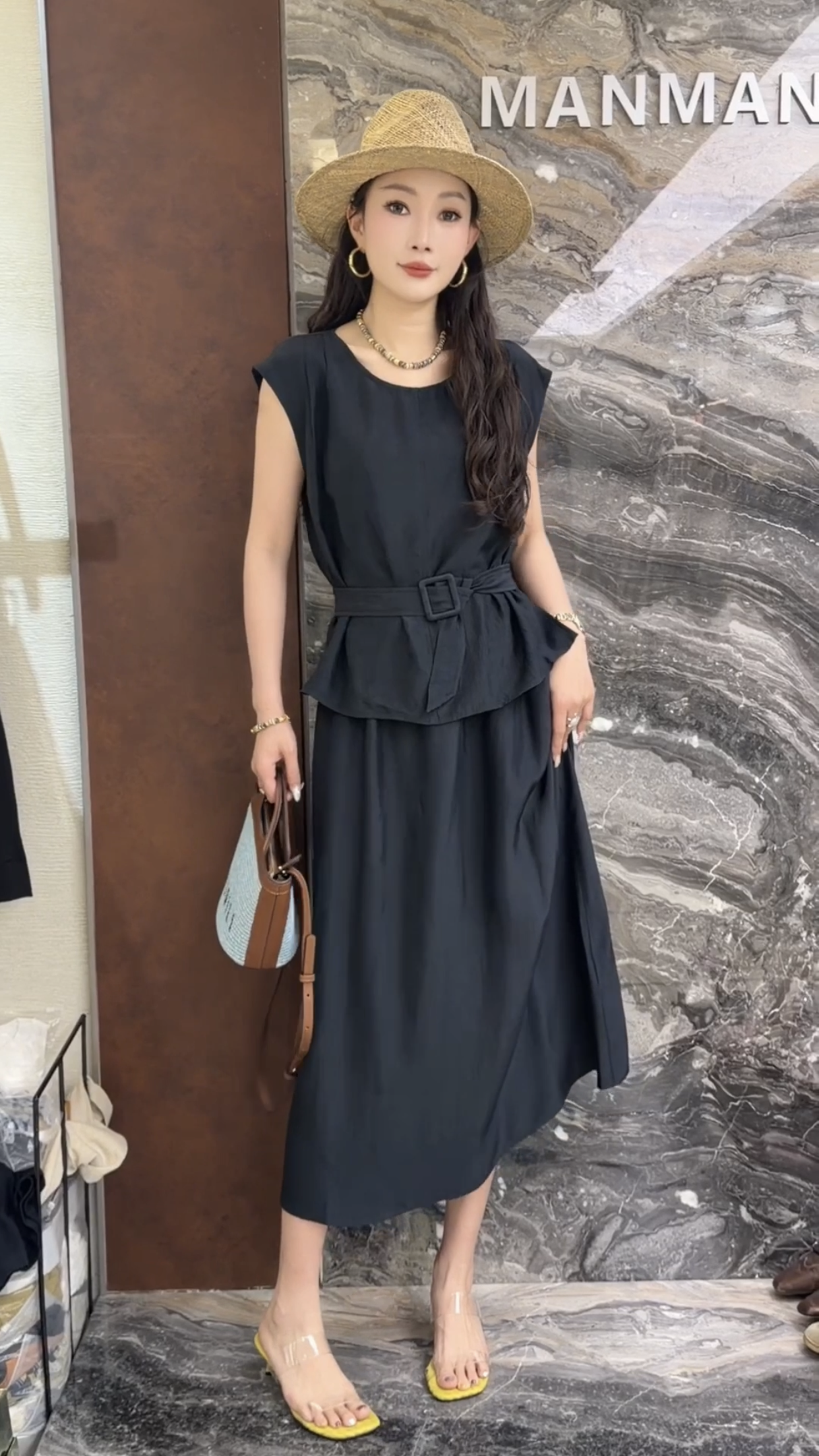 欧洲站2026夏季新款欧货假两件拼接腰带款御姐范女士背心连衣裙潮