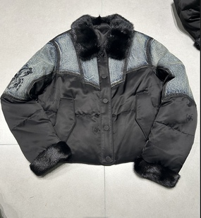 欧洲站2025冬季 翻领拼水貂洋气百搭鹅绒牛仔拼接棉服外套6123 新款