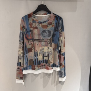 套头网眼打底衫 圆领撞色印花图案百搭个性 T635 新款 欧洲站2026春季