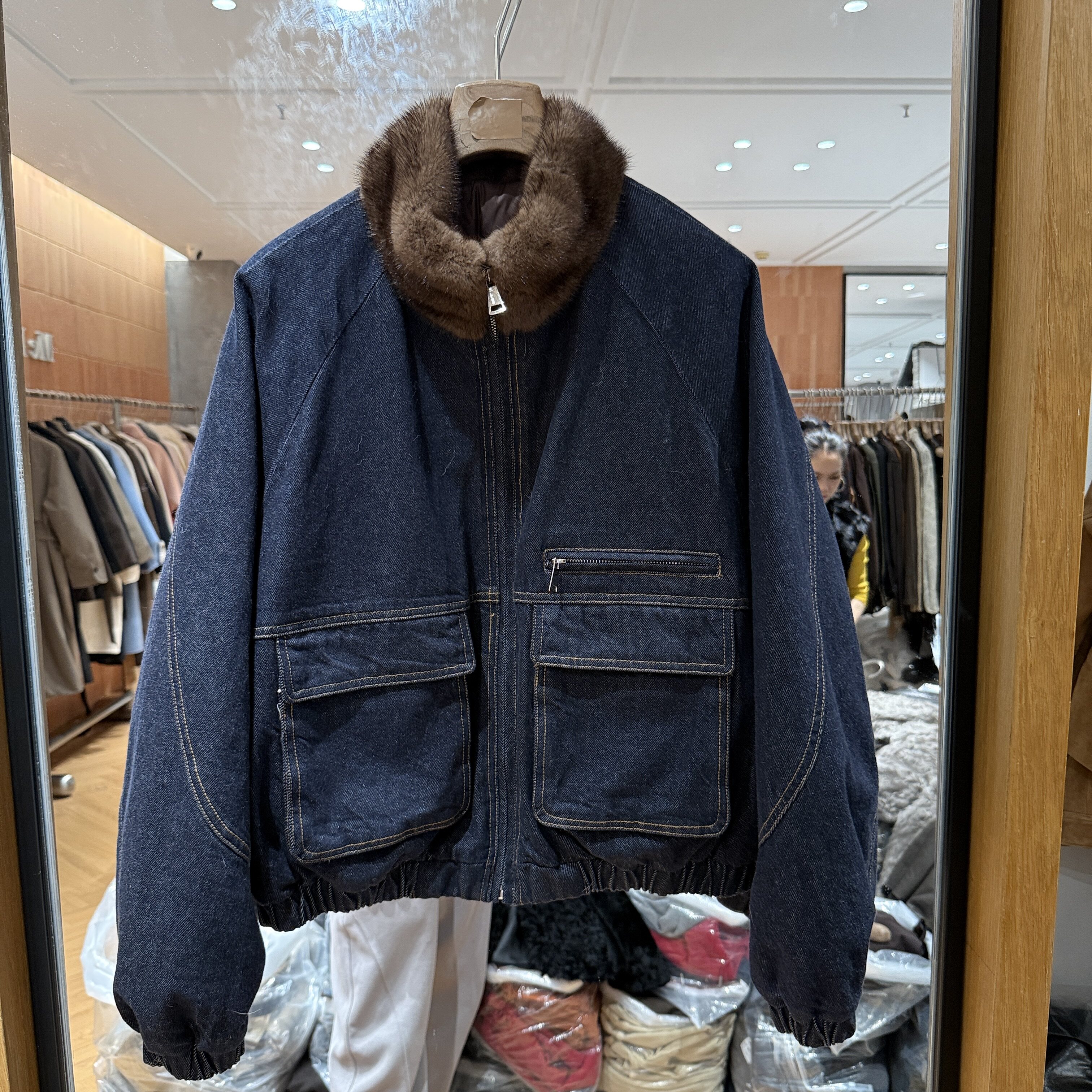 可可家欧货2026冬款水貂毛领大口袋百搭保暖牛仔夹克鹅绒服723NA
