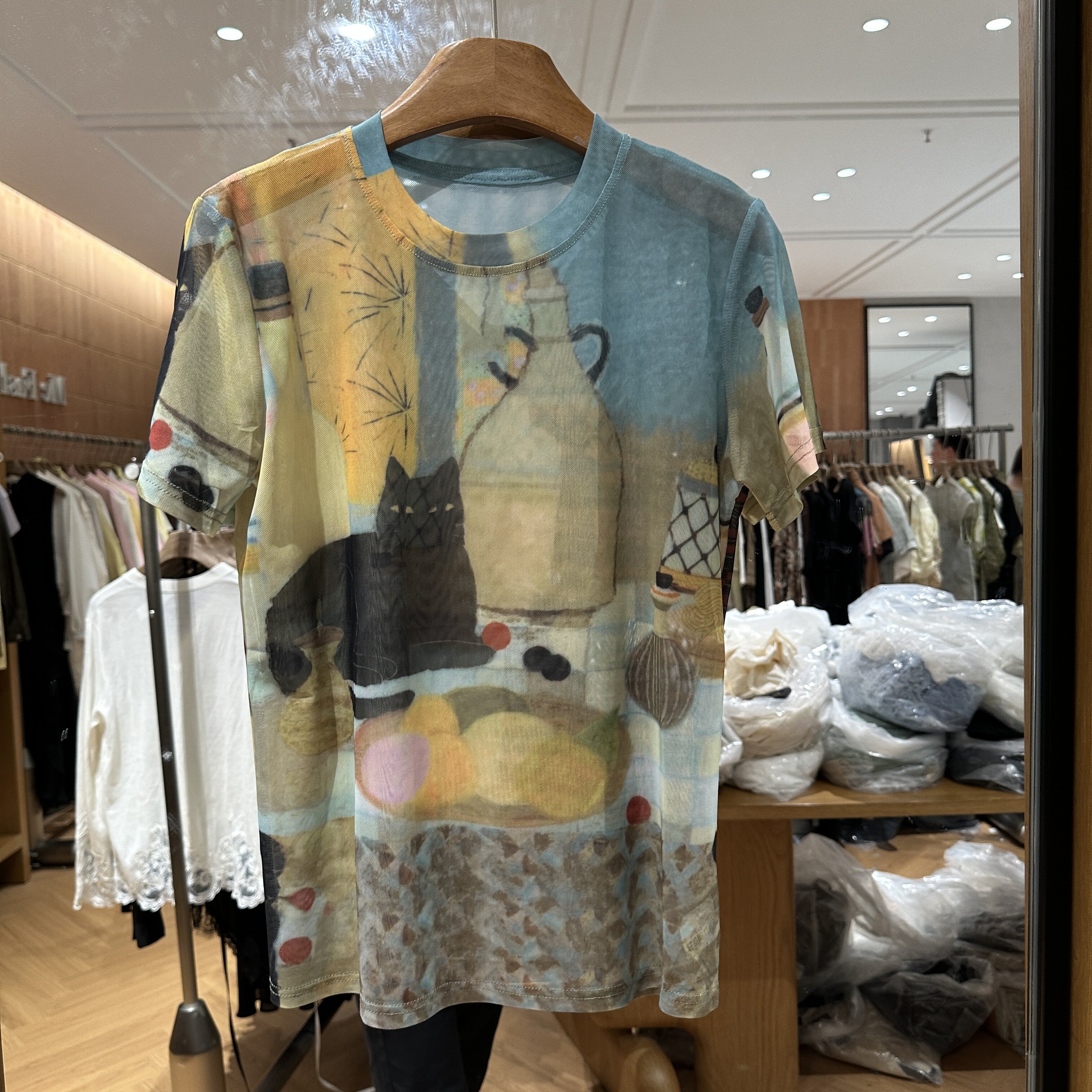 欧洲站2026夏季新款欧货圆领撞色图案显瘦套头款女士个性花色短袖