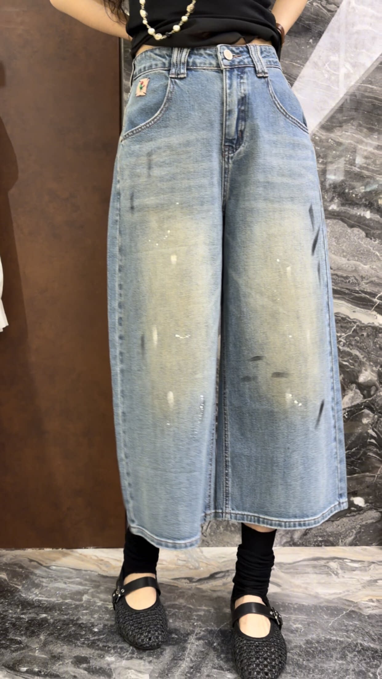 欧洲站2026春季新款时尚高腰复古涂鸦百搭宽松八分阔腿裤牛仔裤女