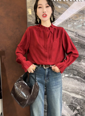欧洲站2025冬季新款花边立领单排扣小众百搭长袖女士衬衫潮18851