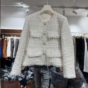 可可家欧货2026冬款领毛边流苏百搭小香风粗花呢羽绒服外套66803
