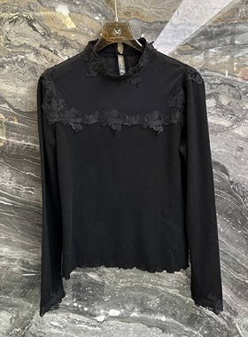 欧洲站2025冬季新款半高领蕾丝花边拼接百搭加厚长袖上衣女90318