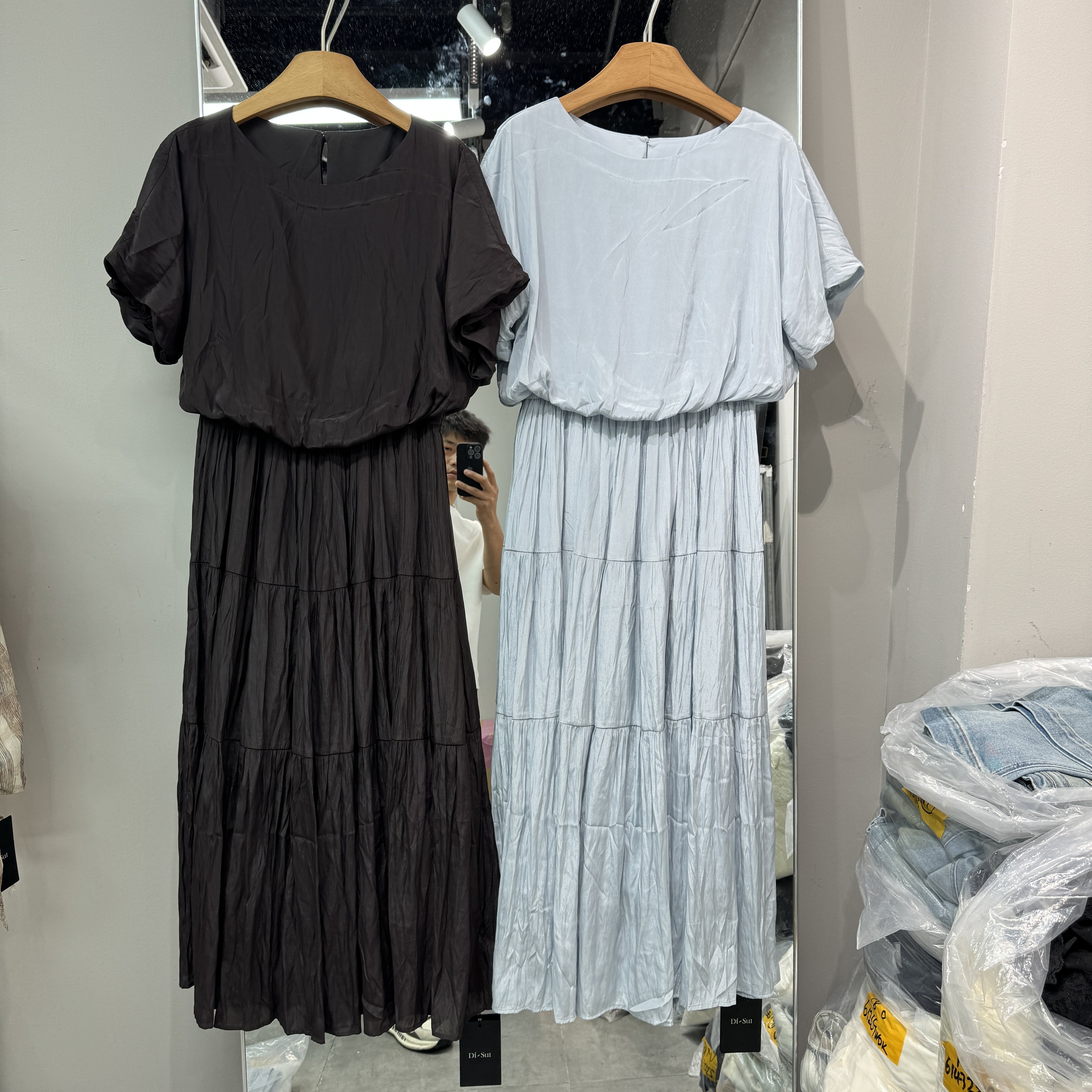 欧洲站2026夏季DISUI新款欧货圆领泡泡短袖假两件女士连衣裙08516
