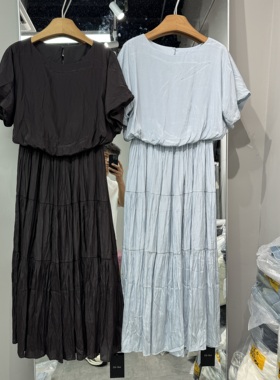 欧洲站2026夏季DISUI新款欧货圆领泡泡短袖假两件女士连衣裙08516