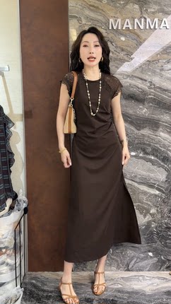 欧洲站2026夏季新款欧货圆领蕾丝肩口收腰褶皱长款气质女士连衣裙
