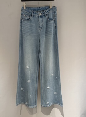 欧洲站2026春季新款高腰手工钉珠烫钻百搭时尚水洗款牛仔裤w30916