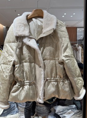 欧洲站2025冬季新款翻领抽绳收腰气质百搭皮毛一体鹅绒外套25172