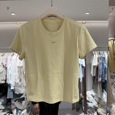 欧洲站2026春季新款圆领字母贴标百搭通勤极简修身小版短袖27325