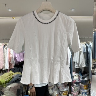 欧洲站2026春季新款圆领走线边下摆褶皱裙版甜美小版T恤衫女63073