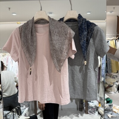 欧洲站2026春季新款复古丝巾披肩百搭减龄小众套头款粉色短袖上衣